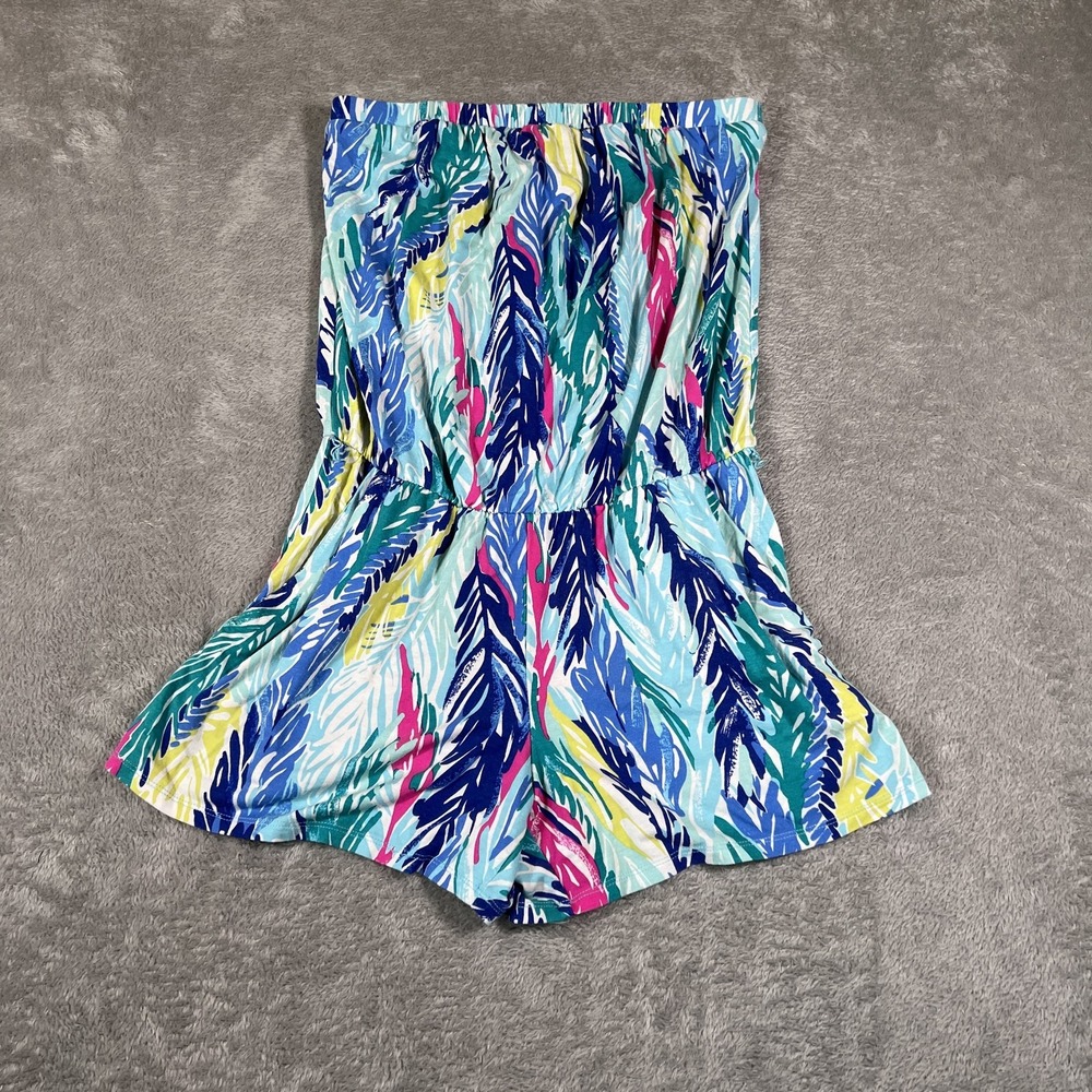 Lillyβ Pulitzer Romper Womens XS Blue Pink Green Strapless Feather Print Summer